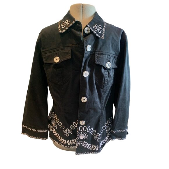 Vera Vera medium,Black Woman's Jacket with white embroidery - Picture 1 of 10